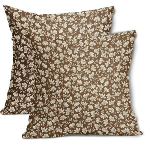 Brown Beige Daisy Floral Pillow Covers 20x20 Set of 2 Cotton Linen Farmhouse Dec - Picture 1 of 8